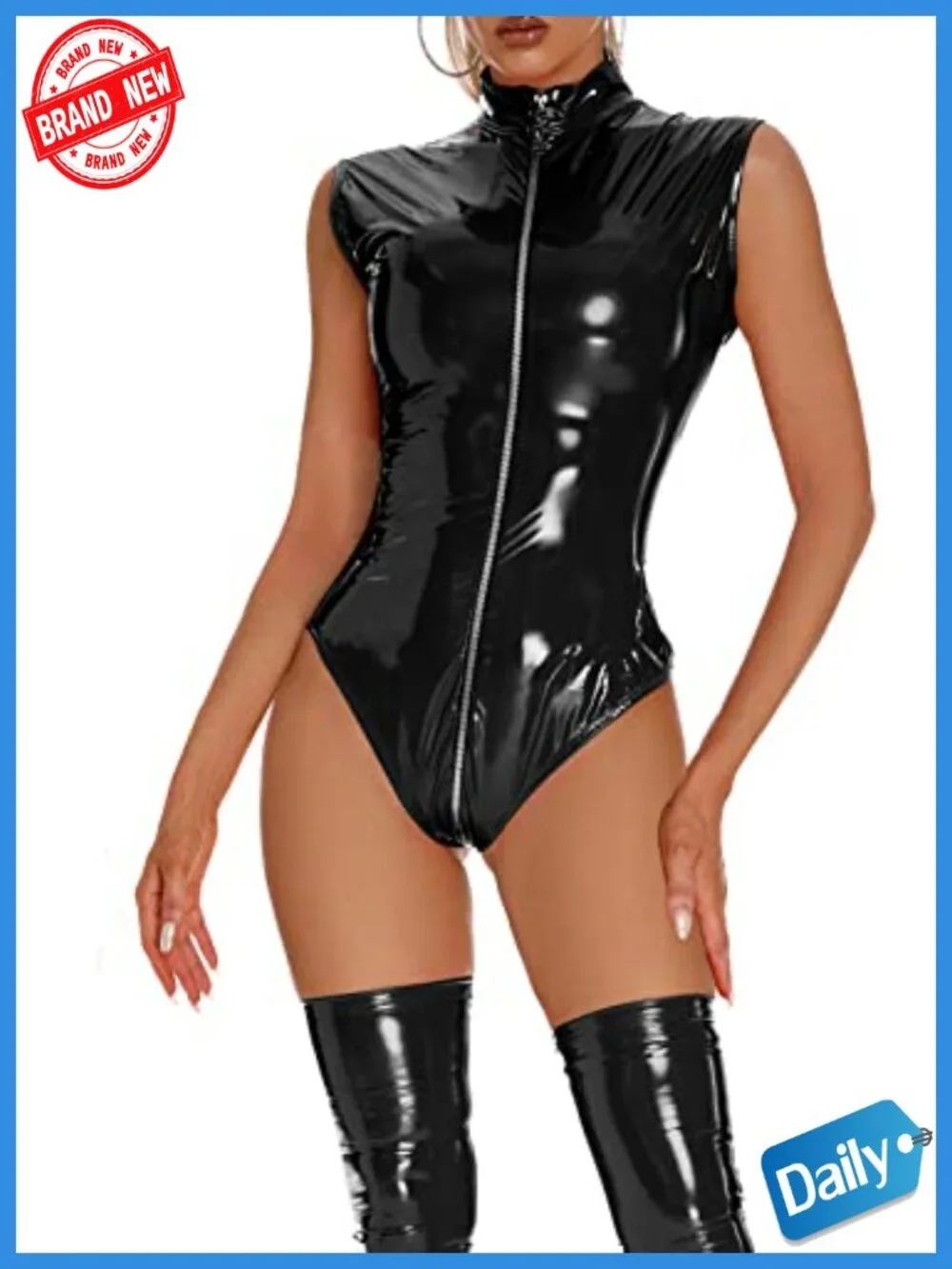 Women Shiny Metallic Sleeveless Bodysuit Leotard Jumpsuit Club Party Cosplay